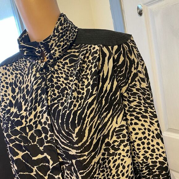 VTG 80s JORDAN WOMAN BUTTON UP SHIRT SIZE 9/10 BLACK WITH LEOPARD PRINT SILKY - Picture 7 of 11